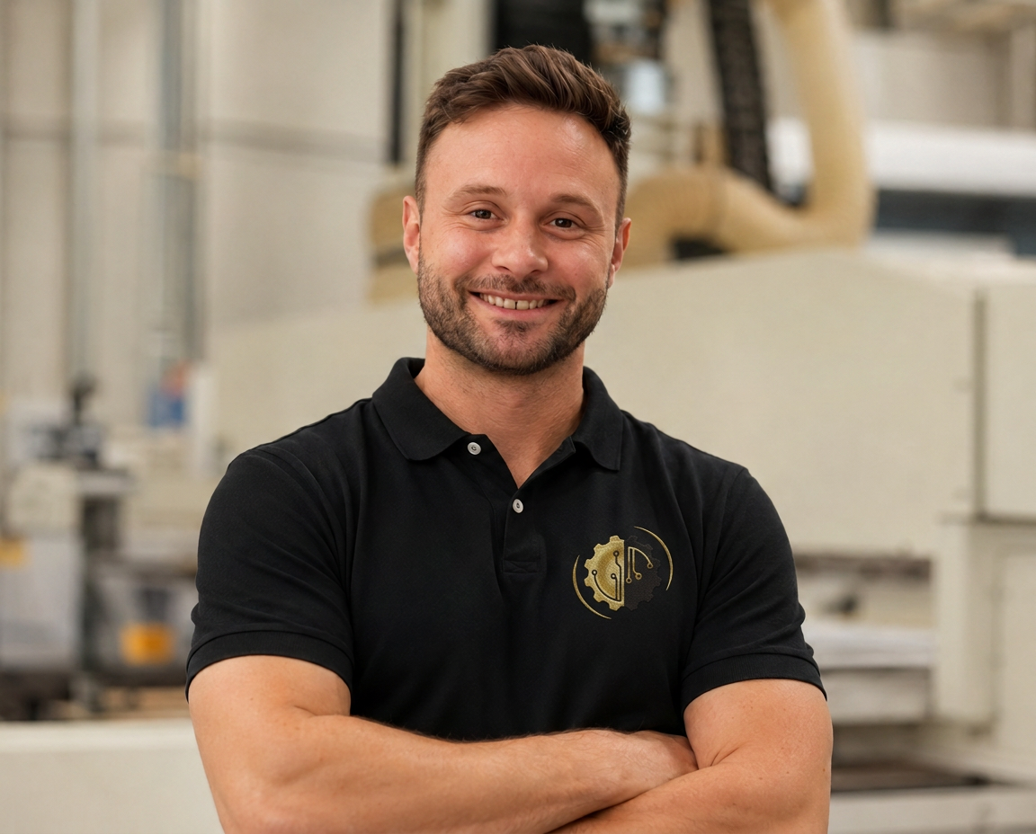 Matteo Borgese, MBTES founder and machinery technician, in a woodworking factory